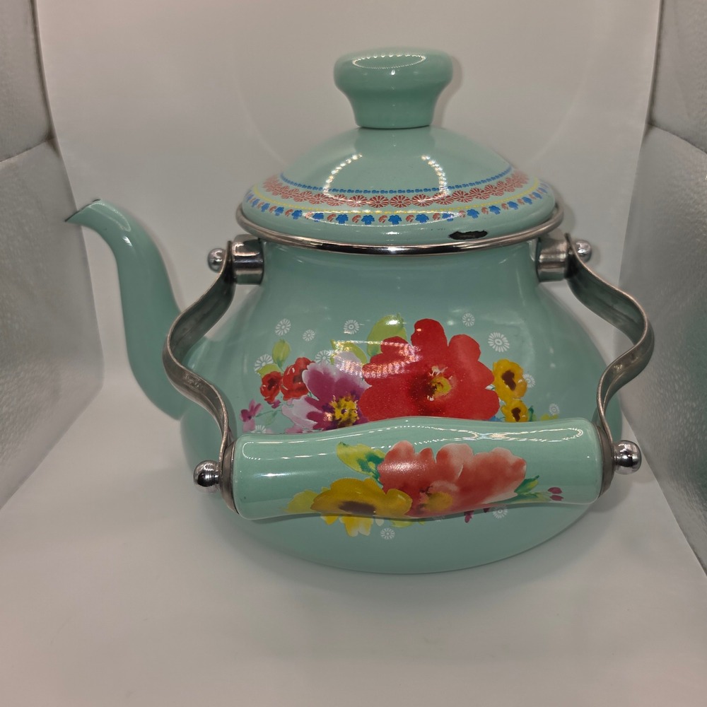 The Pioneer Woman Breezy Blossom Teal Floral Enamel on Steel Tea Kettle - Picture 2 of 10